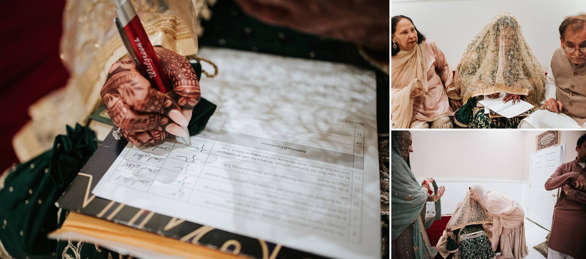 bride signing wedding certificate during nikkah ceremony