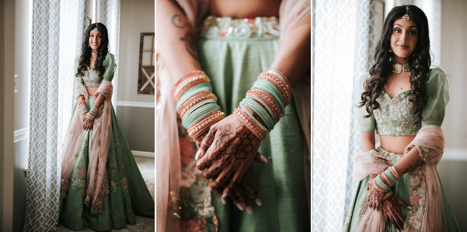 Indian wedding bride portraits and her hand designed with pre-wedding henna mendhi 