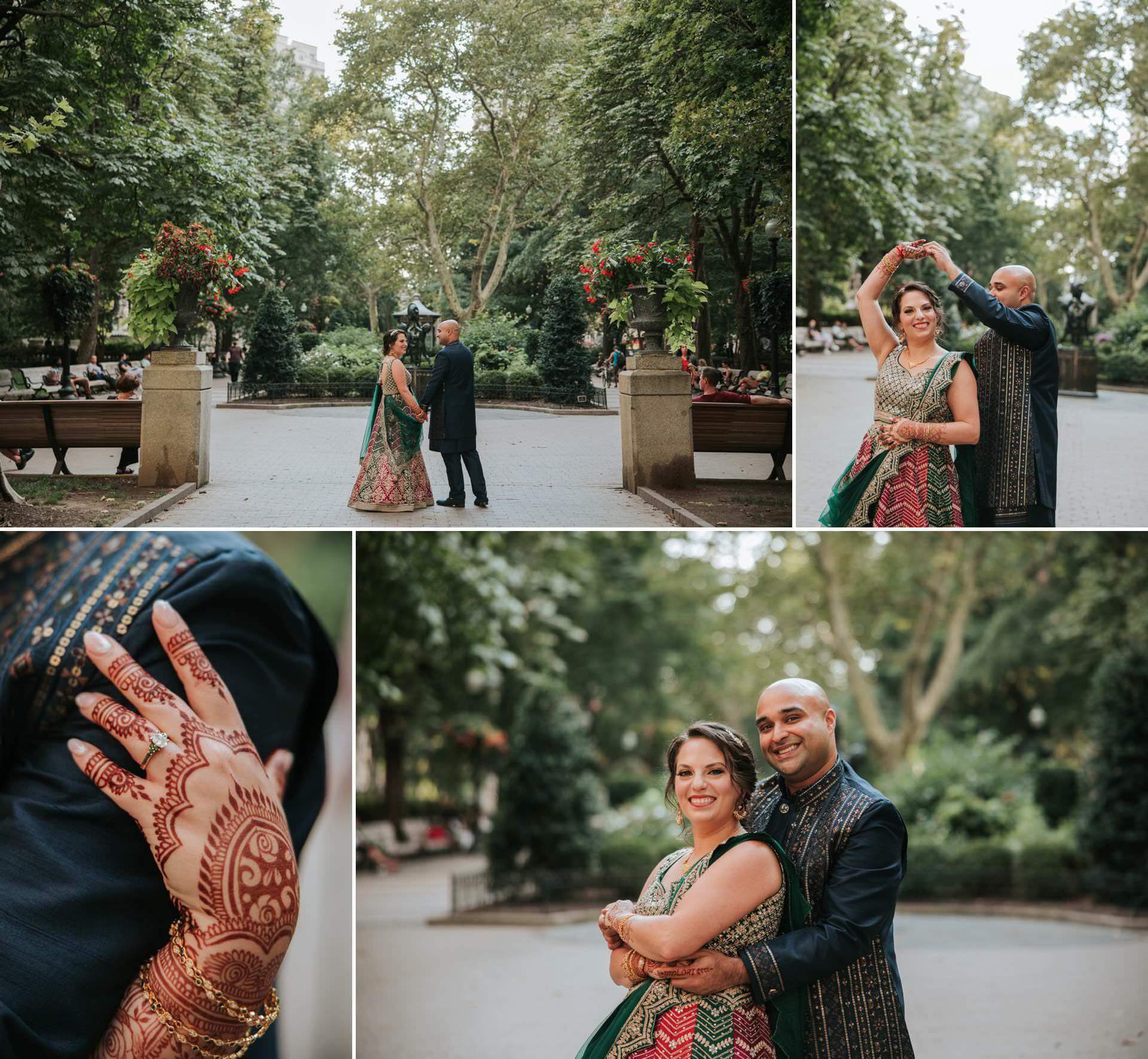 Vertical images 1x3 the couple is posing and twirling at Warwick Rittenhouse Square Park. Closeup of brides mendhi.