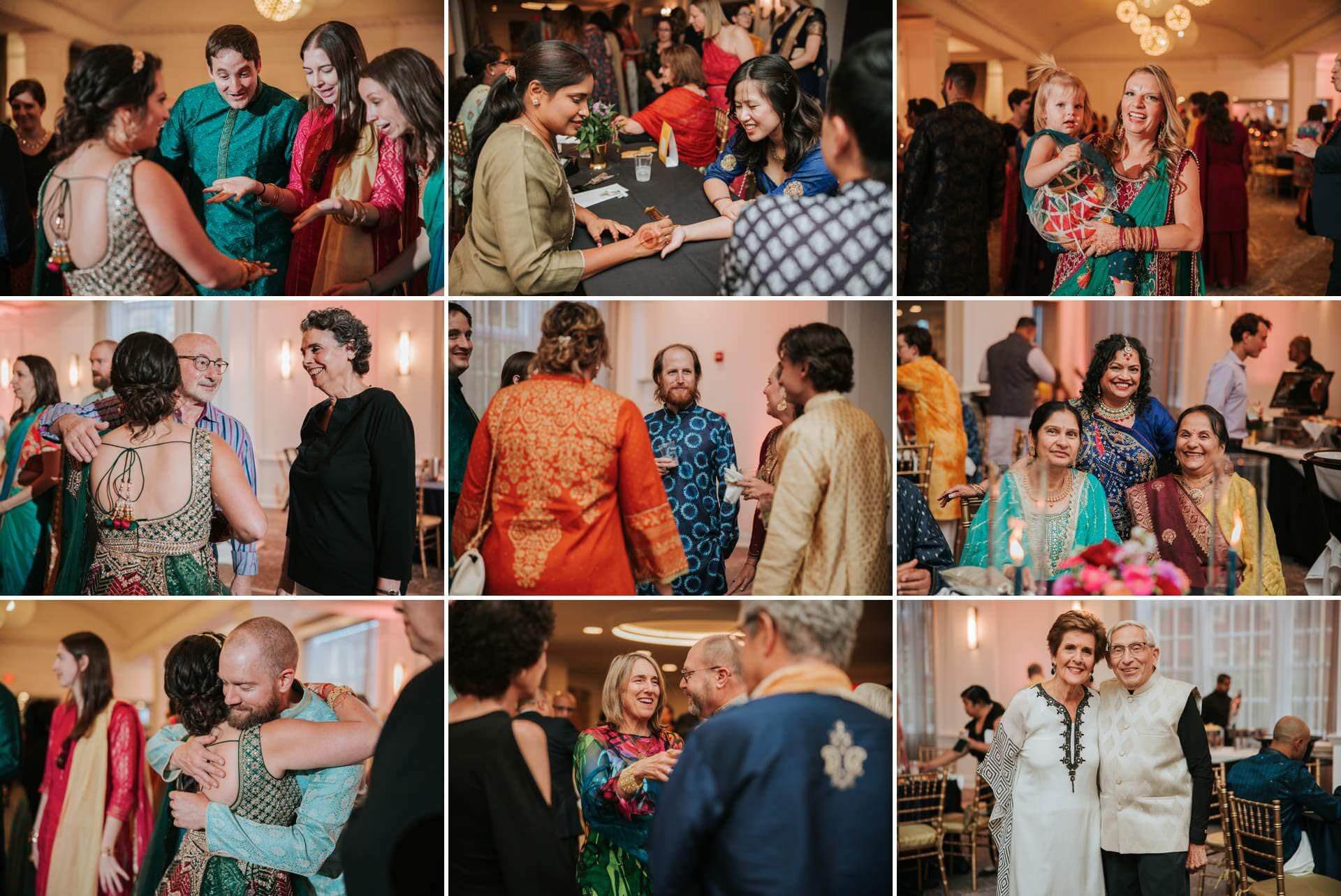 3x3 grid collage of different family and friends that where able to attend the wedding. Greeting bride and groom as they prepare for the nights festivities at Warwick Hotel Rittenhouse.