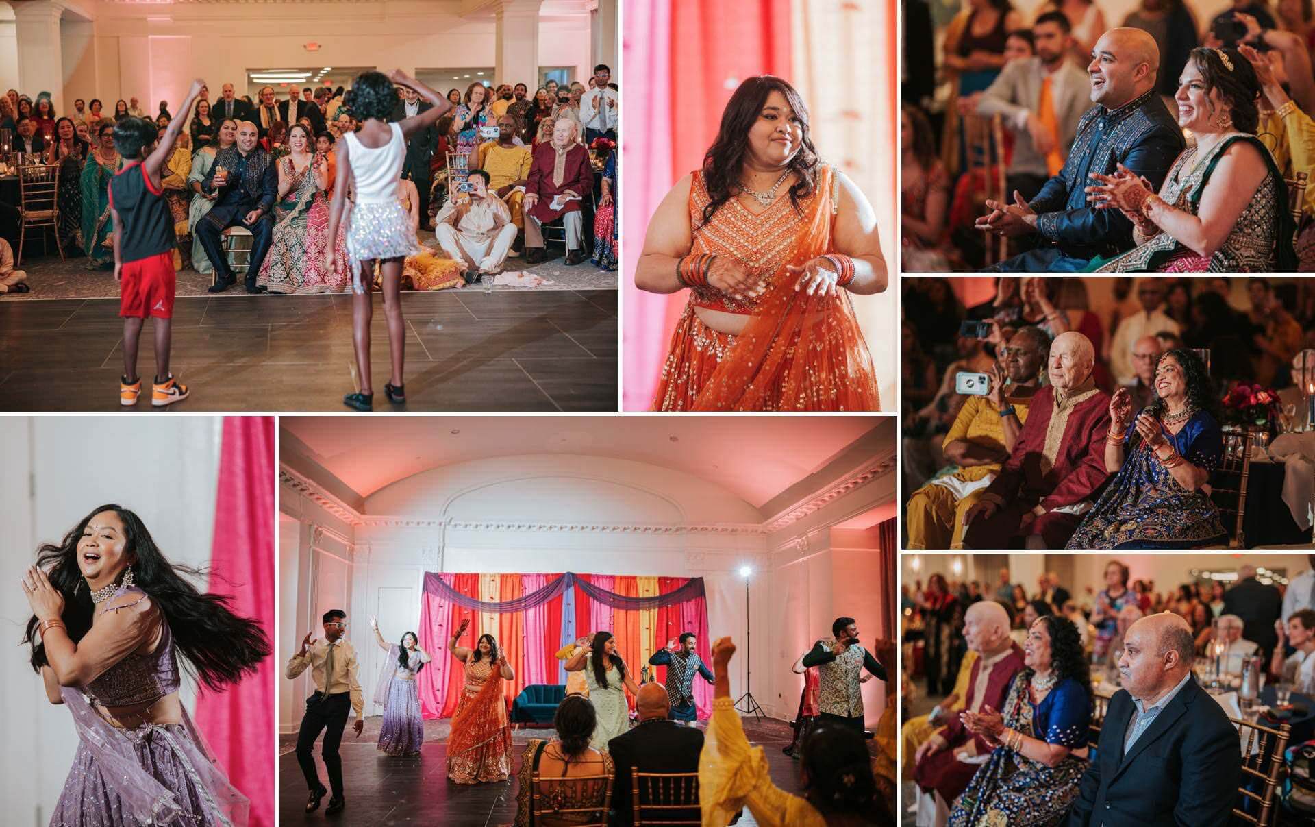 Collage shows family and friends performing dances and enjoying time and presence of the couple at Warwick Hotel Rittenhouse. 