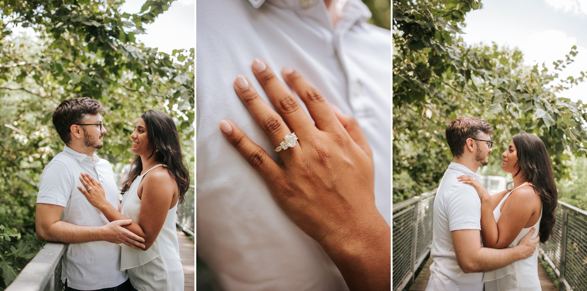 Close-up of a gold three-stone engagement ring resting on a white polo during a Philadelphia Art Museum engagement session