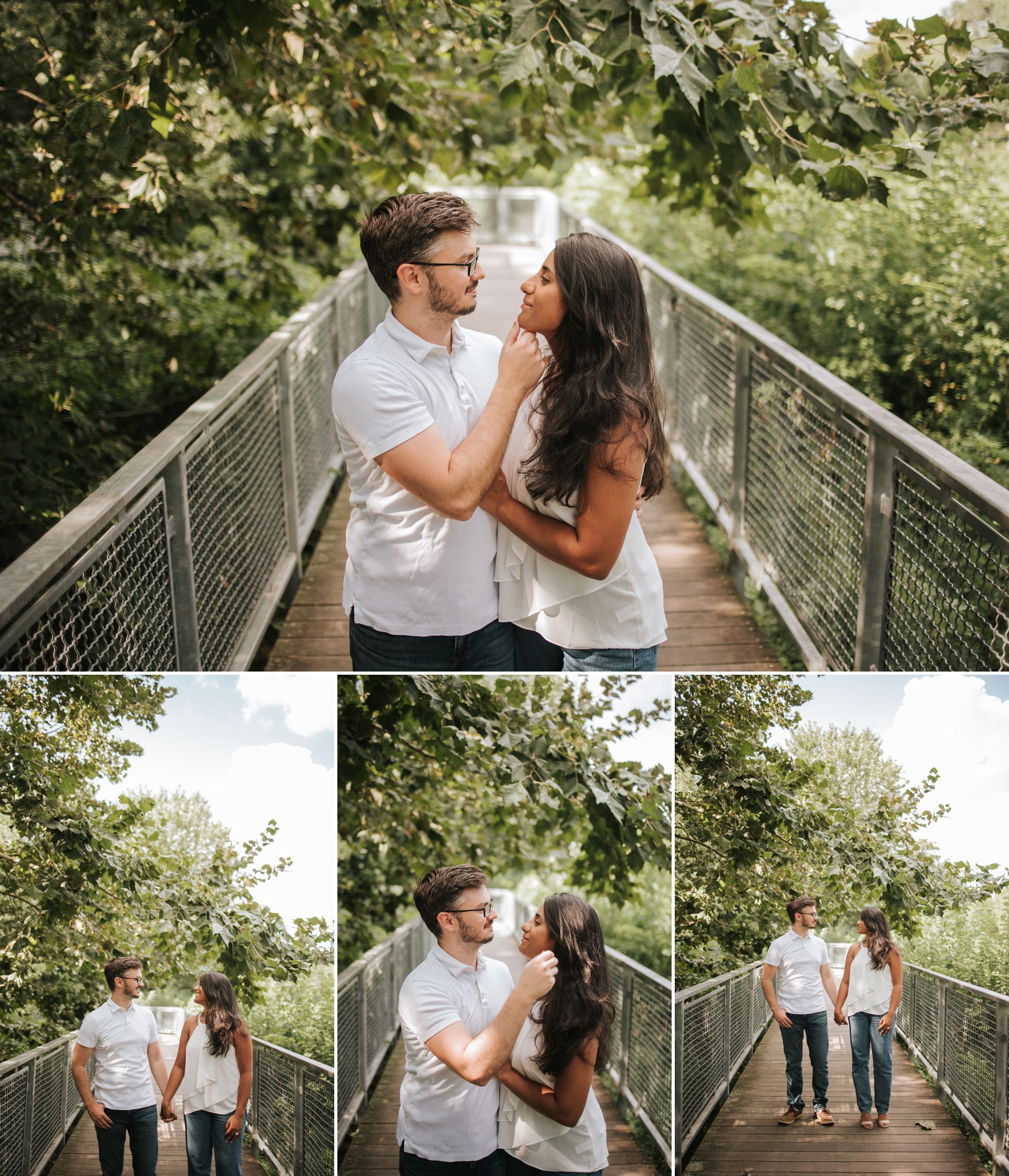 Engaged couple standing close on a tree-lined elevated walkway near the Philadelphia Museum of Art