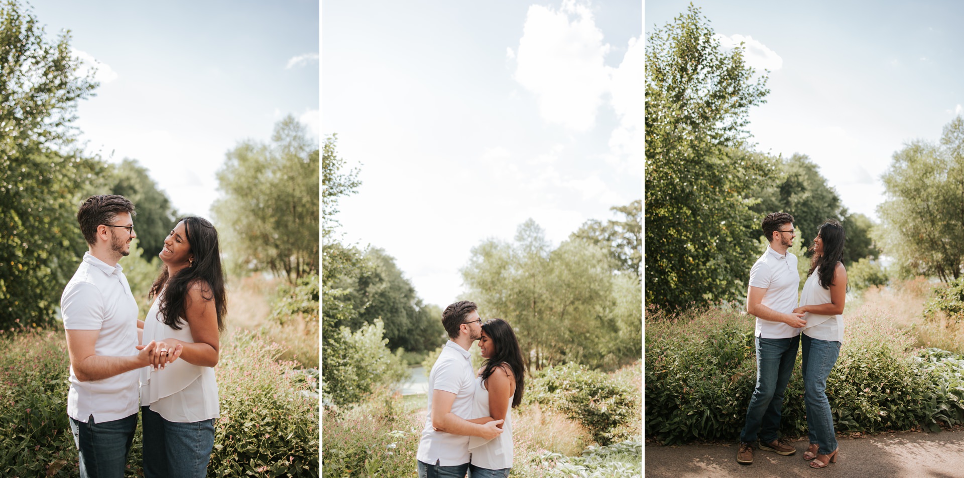 Jason kissing Swetha's forehead on a garden path during their summer engagement session in Philadelphia, Pennsylvania