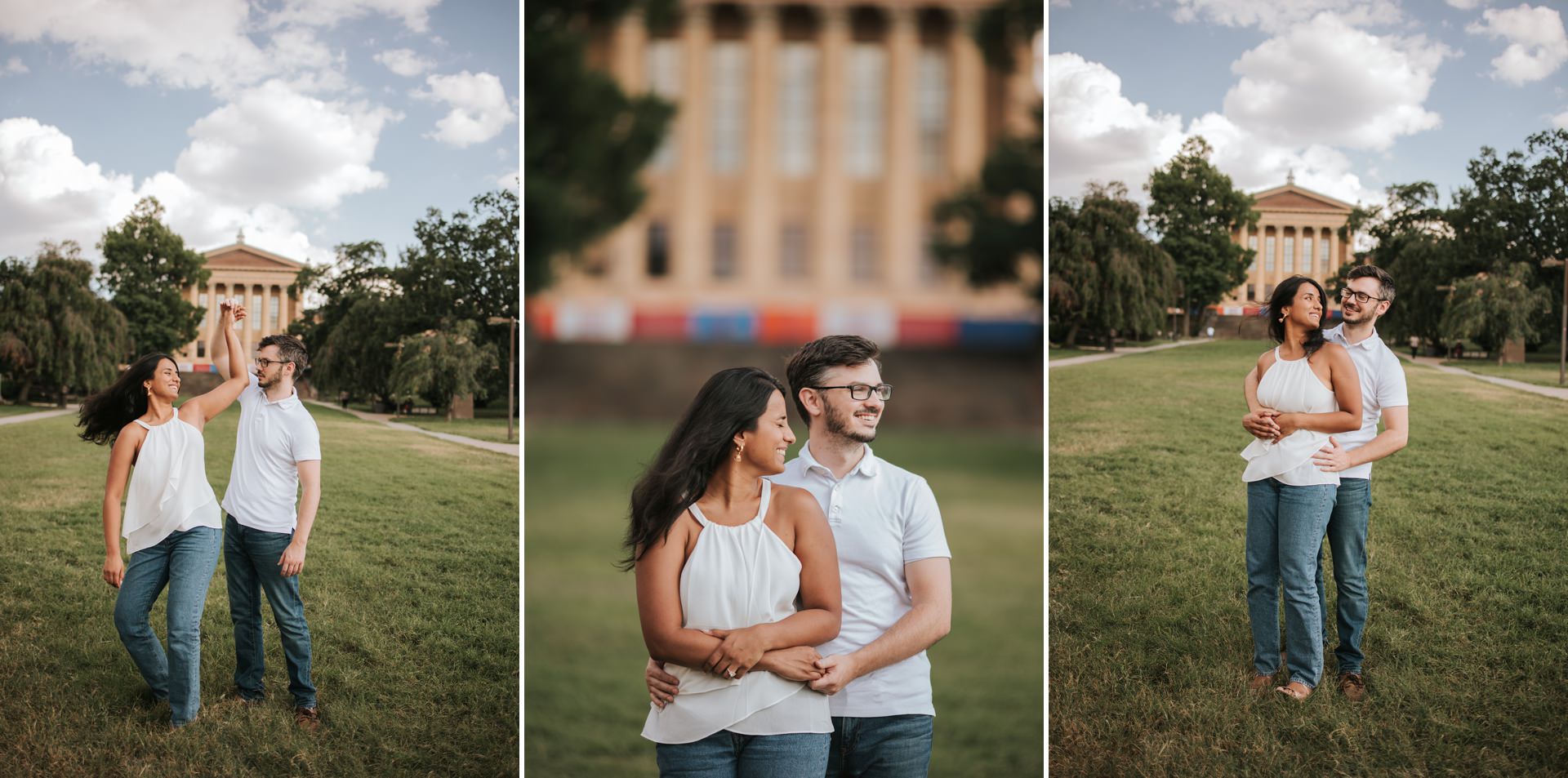 Swetha and Jason dancing on the lawn behind the Philadelphia Museum of Art during their engagement session